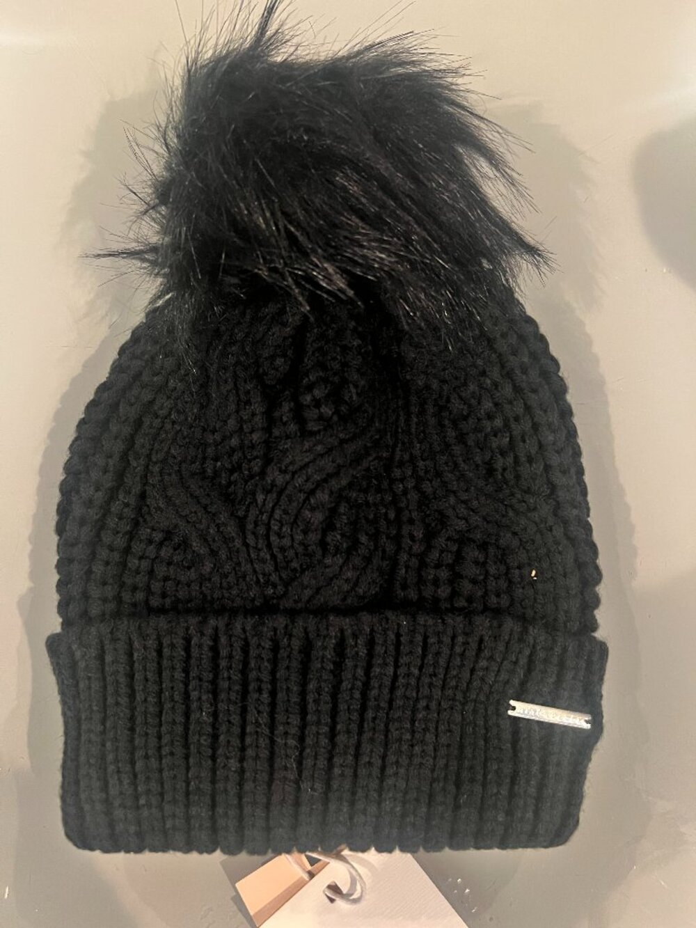 Rino & Pelle NWT Black Cable Knit Beanie Hat Faux Fur Pom Pom Style Aaf.700W19